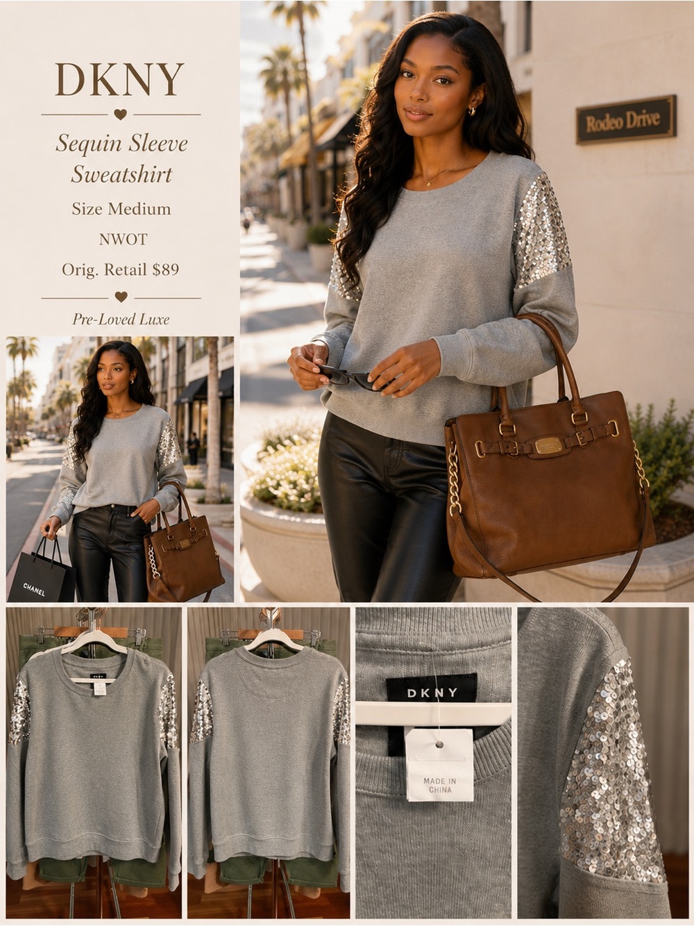 DKNY Gray Sequin Sleeve Crewneck Sweatshirt